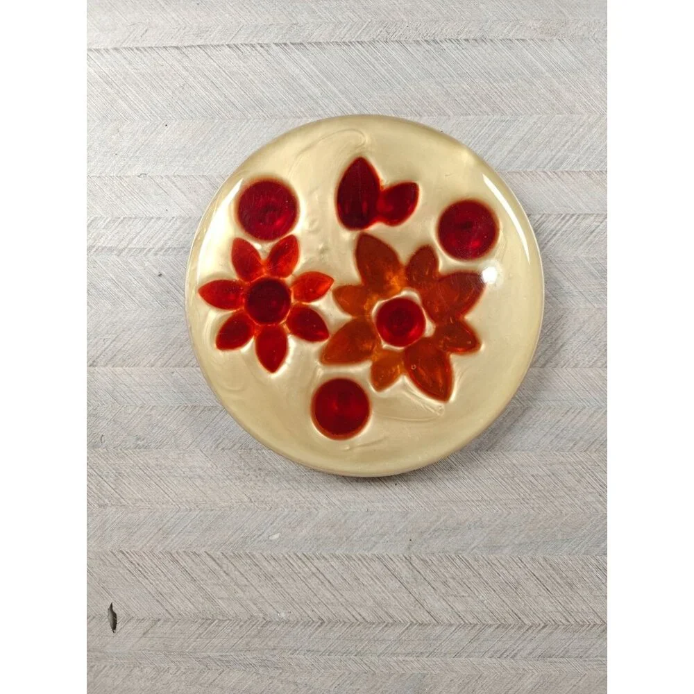 Vintage House Of Mosaics Plastic Trivet Red Orange Floral MCM Design Handcrafted
